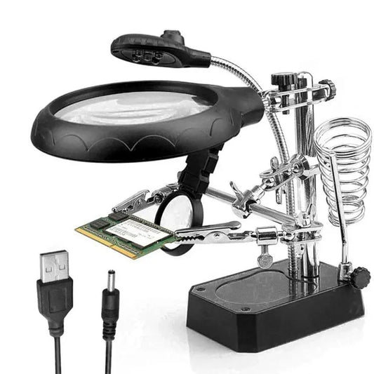 LED Magnifying Glass with Auxiliary Clip and Soldering Iron Stand, 3-in-1 Tool for Repairs and Welding, ET-AA82